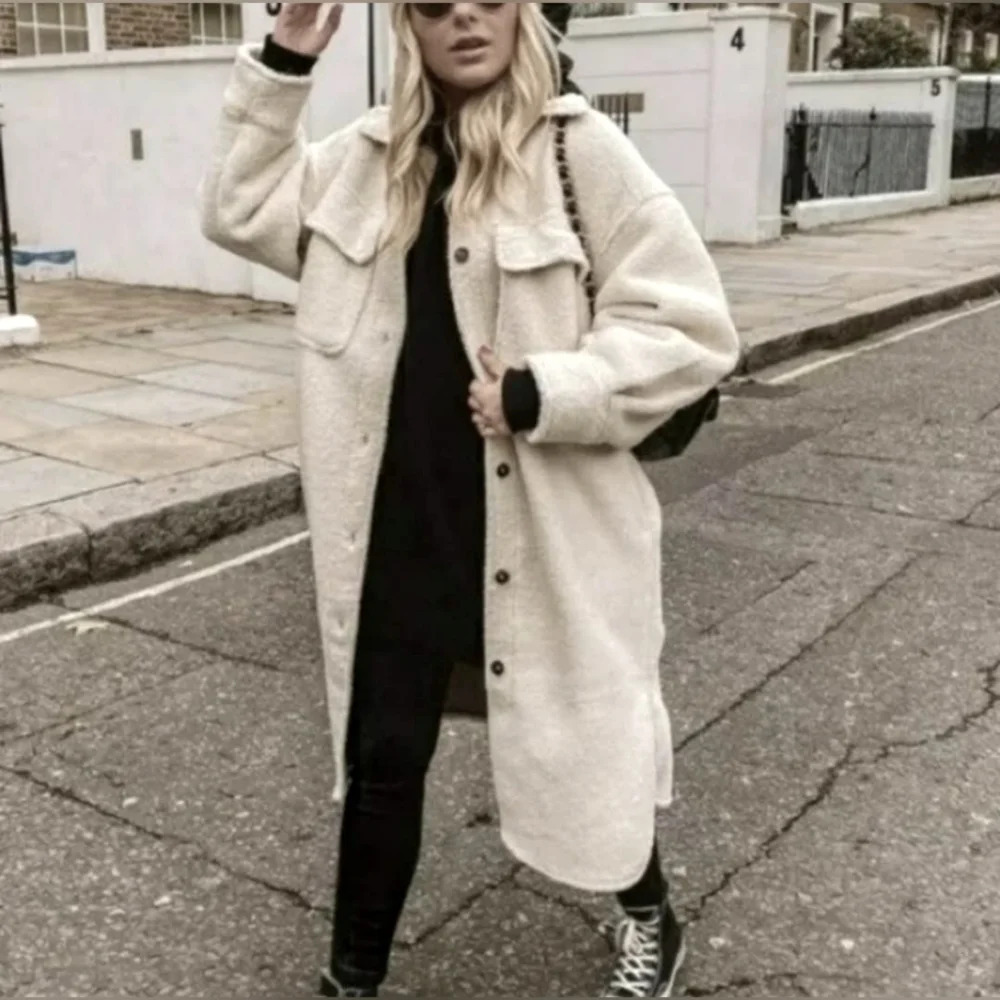 90s Y2K Oversized cream long Duster Shacket Shirt Jacket S